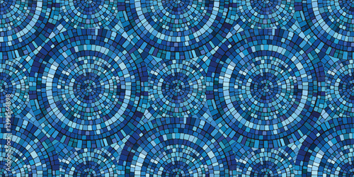 Seamless pattern blue Circular Mosaic. Decorative Antique Stone Ornament.