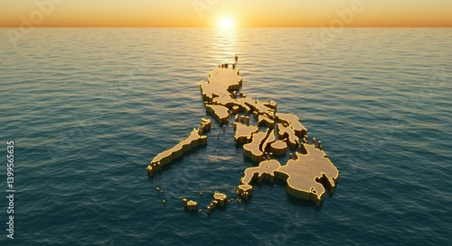 Golden Philippines Archipelago Sunset Aerial View 3D Render Map