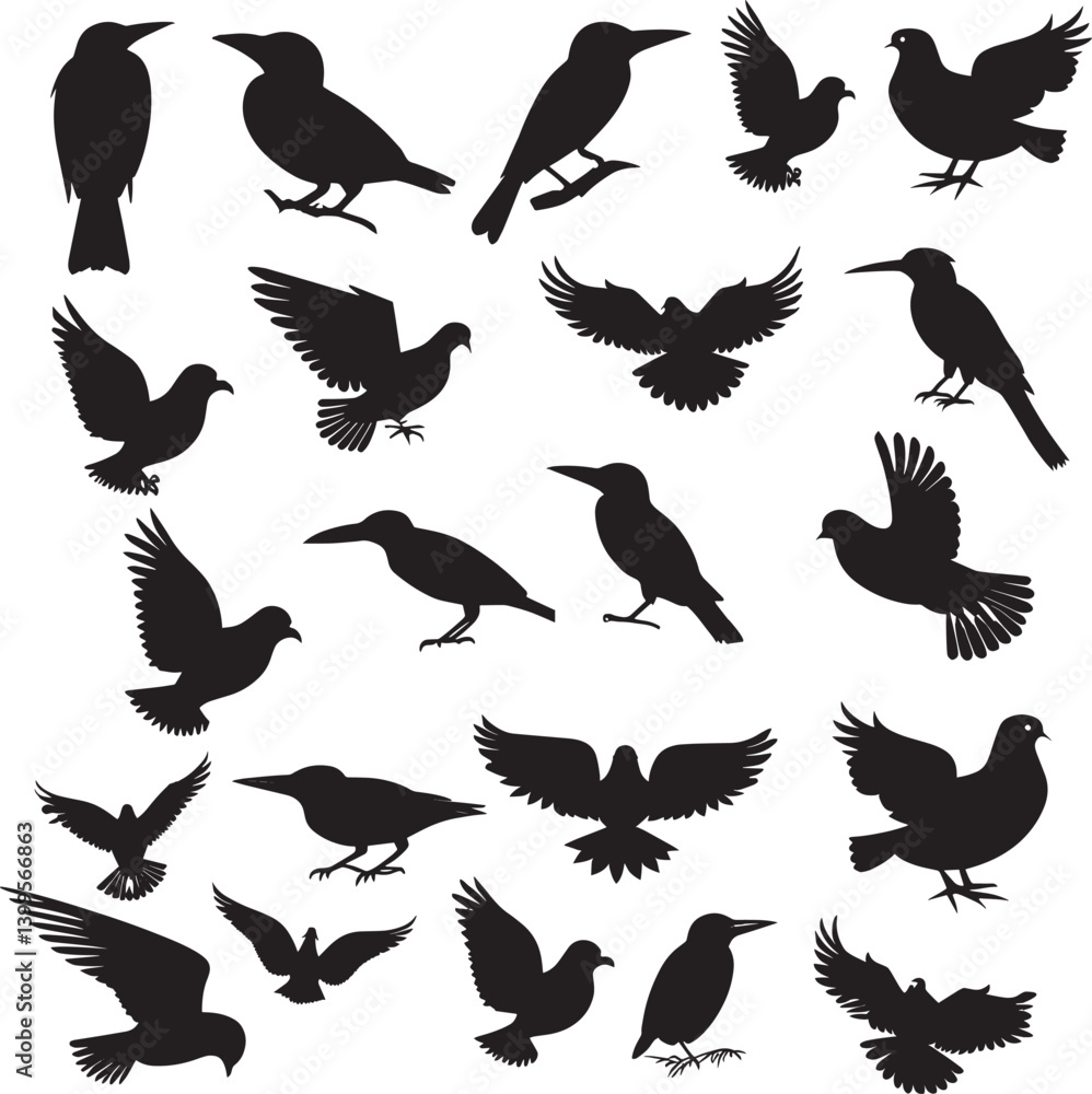 Fototapeta premium Versatile Bird Silhouettes Collection - Featuring Various Species for Illustrations, Logos, and Nature Projects