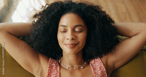 Foto Happy woman, sleeping and relax above with sofa for break, rest or day off in comfort at home