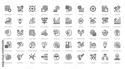 Boost your workflow and personal mastery with this cohesive icon set for time, habits, balance, and growth strategies.