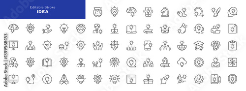  Idea line icon set. Business idea, creative idea, glowing light bulb and more. Outline vector icon in linear style. Pictogram collection	