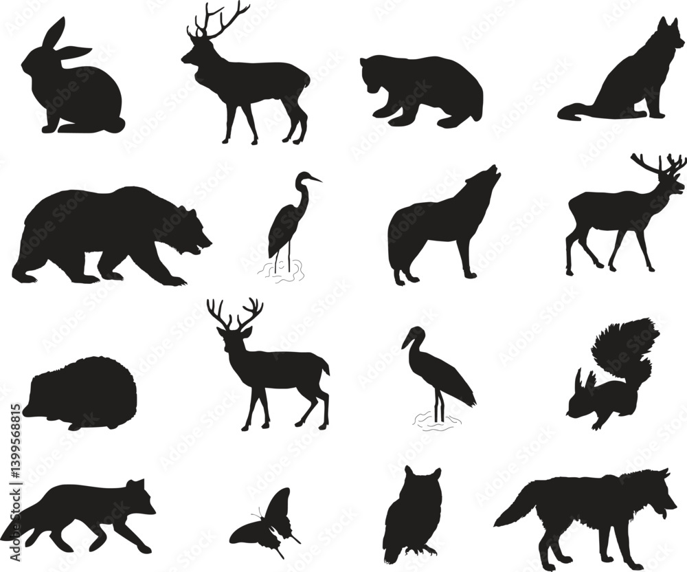 Naklejka premium Set of wildlife silhouettes including deer, birds, foxes, and more. Ideal for logos, illustrations, and nature-themed design projects. Vector-based and fully editable.