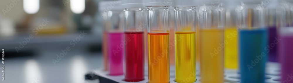 Vivid artificial food dyes in transparent test tubes arranged neatly on a clean lab table, perfect for illustrating chemical analysis, food safety research, and modern science in action.