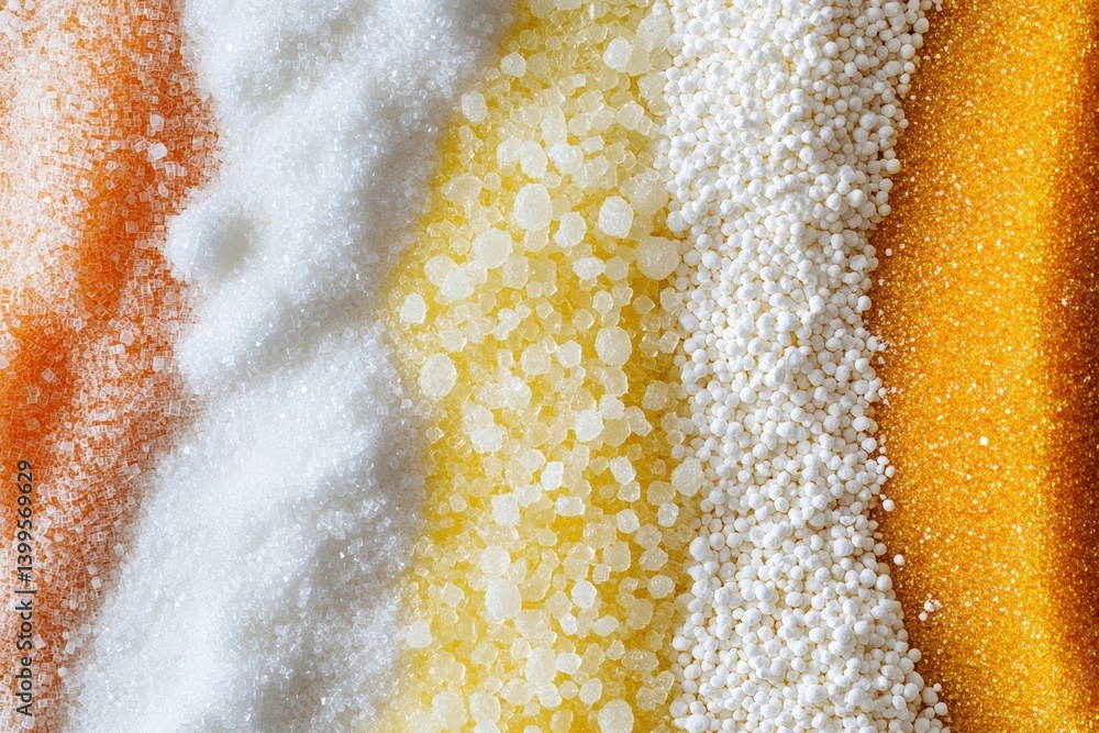 Natural food sweeteners in granular form, perfect for diet, health, nutrition, and culinary product content. Granular sweeteners like stevia, agave, and fructose in crystal form.