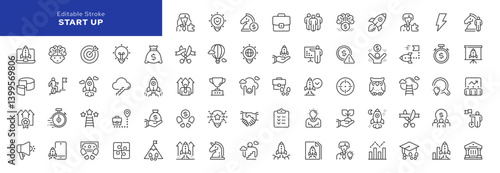 Start up line icon set. Starting a business, career, marketing, financial start, personal growth, development, motivation, achievement. Outline vector icon in linear style. Series of pictograms.	