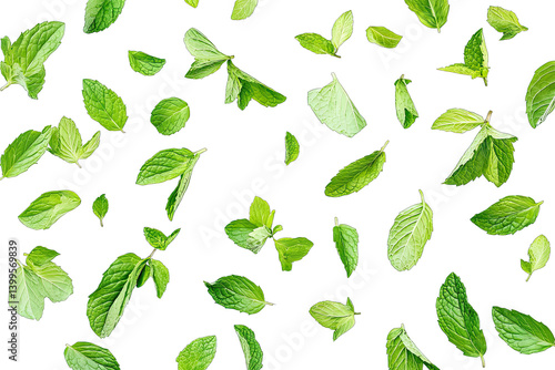 a variety of fresh green mint leaves scattered against a white background highlighting their texture and vibrant color ideal for culinary or herbal purposes