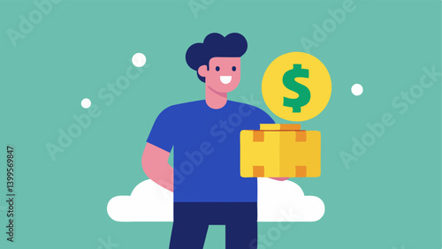 Influencer and Brand Partnership An influencer holding a product with a giant dollar sign in the background symbolizing the monetary influence behind product promotion.