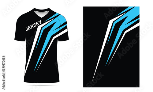 Black jersey with dynamic blue and white stripes, showcasing modern sports design for athletes