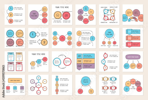 Hand drawn infographic templates bundle - charts, flow charts, steps or options, process and circle diagrams, vector eps10 illustration