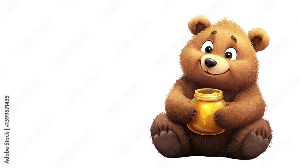 Fototapeta premium Cute Brown Cartoon Bear Holding Honey Pot on Transparent Background