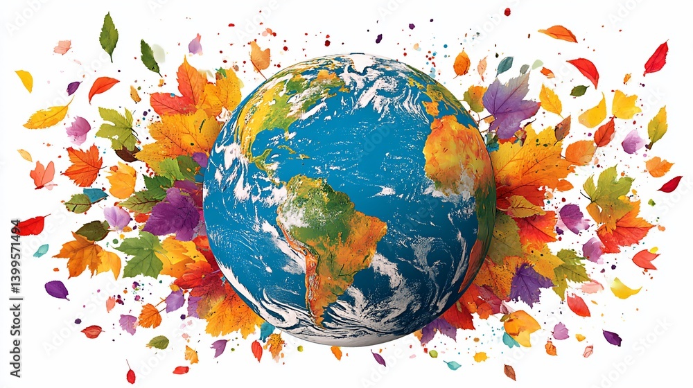 Earth surrounded by falling autumn leaves against white background Earth surrounded by falling autumn leaves against white background