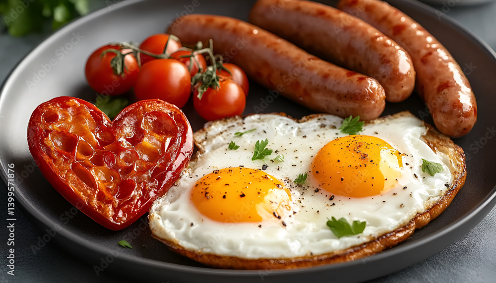 Delicious breakfast with heart shaped fried eggs and sausages on dark gray table Delicious breakfast with heart shaped fried eggs and sausages on dark gray table