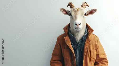 the animal wearing clothes，human behaviors of animals，personification, goat, animal, farm, mammal, white, nature, grass, livestock, cute, agriculture, horns, portrait, horned, horn, isolated, head, br