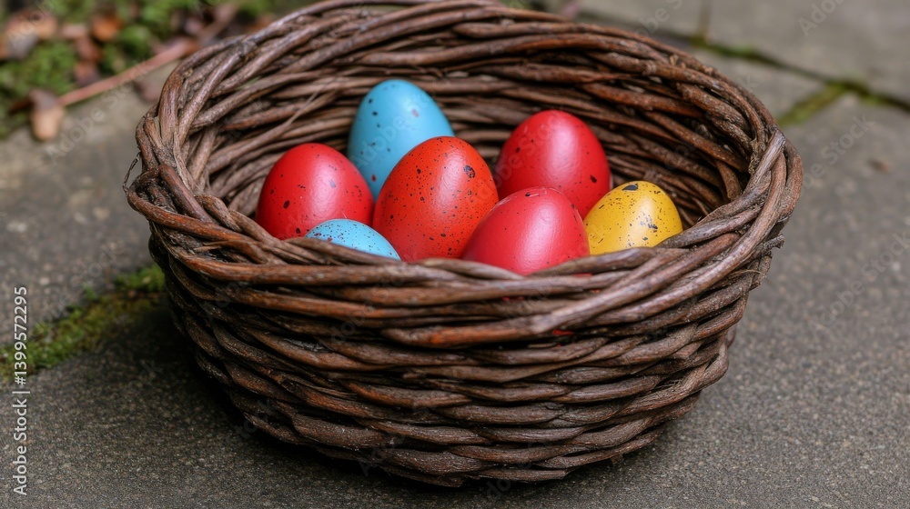 Colorful speckled eggs nestled in a rustic woven basket. Colorful speckled eggs nestled in a rustic woven basket.