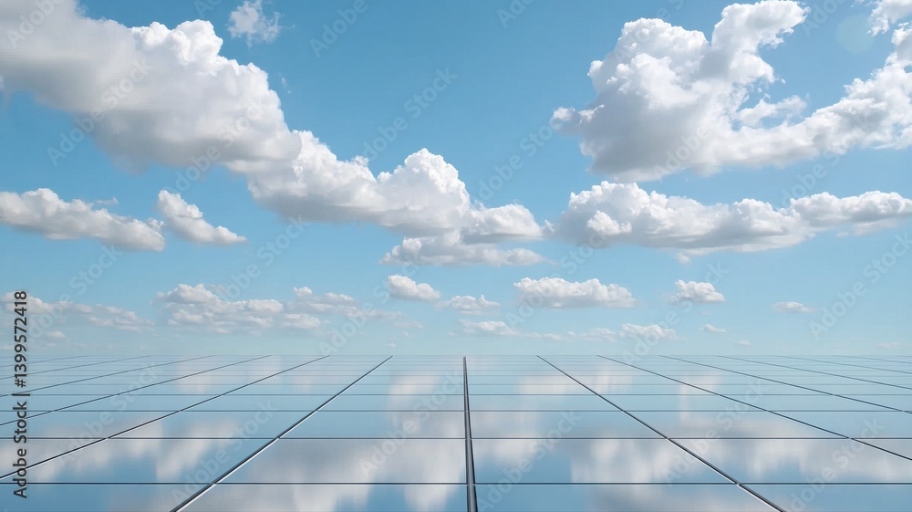 Fototapeta premium Open sky with clouds reflecting on a vast, shiny surface, creating an endless horizon illusion.