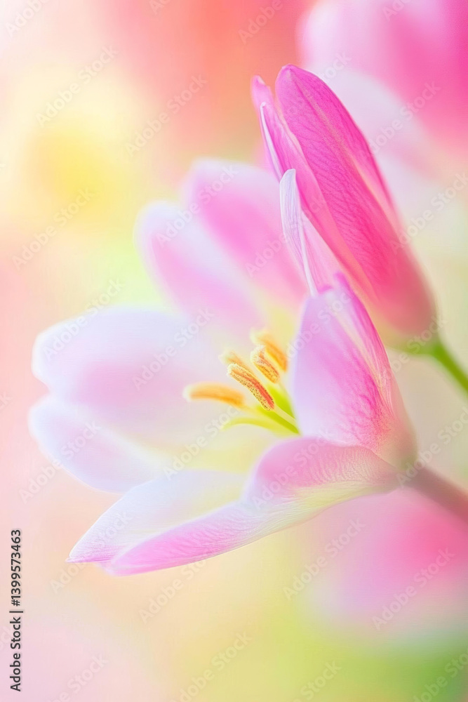 Delicate pink flowers bloom softly, creating serene and dreamy atmosphere Delicate pink flowers bloom softly, creating serene and dreamy atmosphere