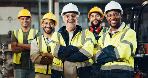 Obraz na plátně Portrait, group and construction worker with arms crossed, smile and men with helmet, safety and team