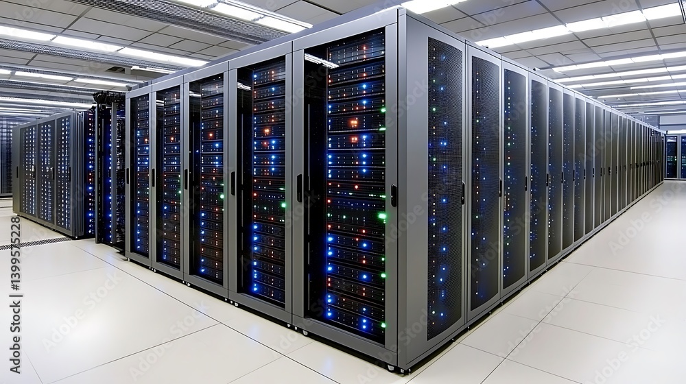 Server racks in a large data center. Rows of metal server cabinets filled with computer hardware. Modern, high-tech interior. Brightly lit, clean and organized space Server racks in a large data center. Rows of metal server cabinets filled with computer hardware. Modern, high-tech interior. Brightly lit, clean and organized space