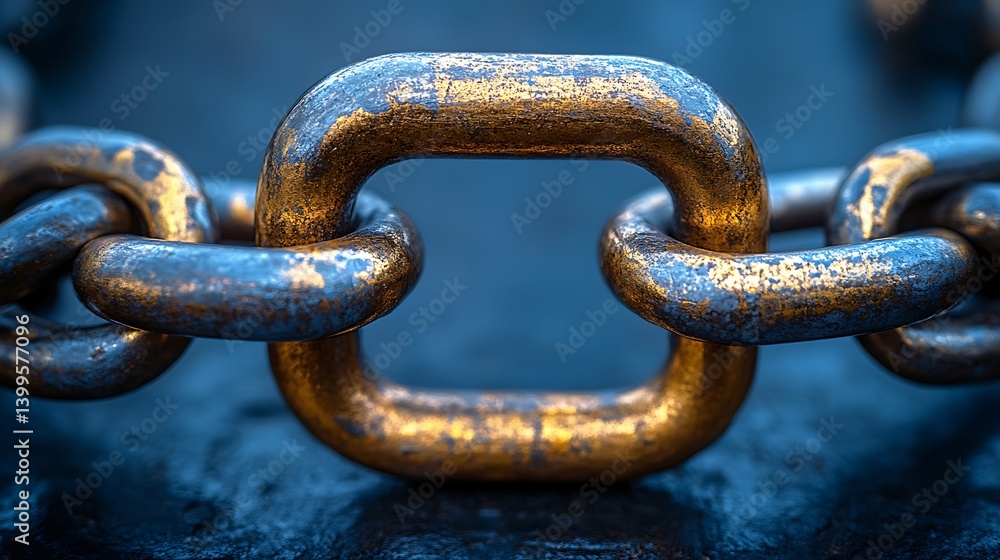 Interlinked chain: The photo captures a close-up view of a rusted chain, with a central, golden link symbolizing the bond and connections, representing strength and unity. Interlinked chain: The photo captures a close-up view of a rusted chain, with a central, golden link symbolizing the bond and connections, representing strength and unity.
