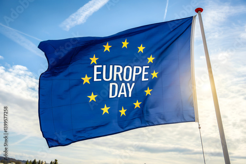 The flag of the European Union with the inscription Europe Day flies on a flagpole against a blue sky. Symbol of unity and celebration of Europe Day. AI, Illustration, Generation.