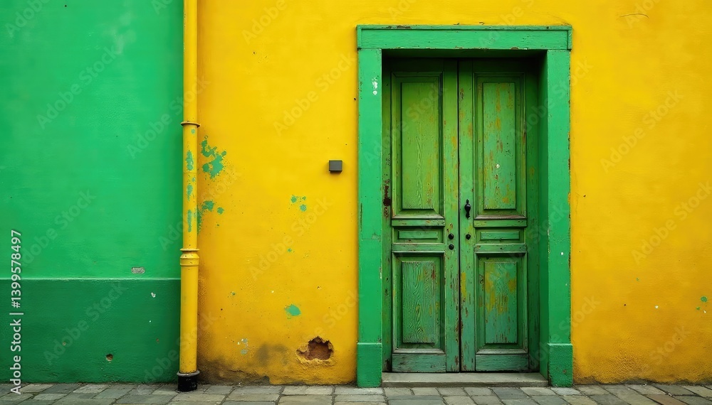 Weathered wooden door with yellow green paint texture and grunge brush strokes, background color, abstract art Weathered wooden door with yellow green paint texture and grunge brush strokes, background color, abstract art