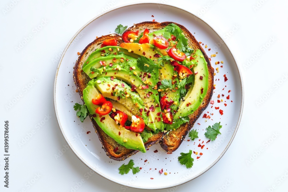 Avocado toast with chili flakes on white background Avocado toast with chili flakes on white background