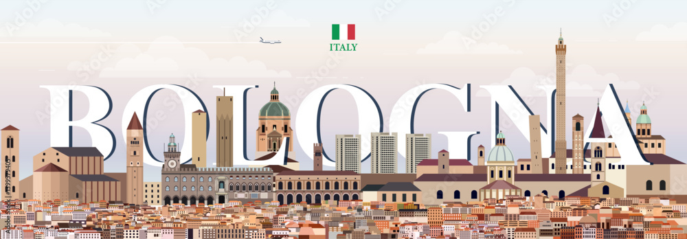 Bologna cityscape colorful vector illustration with big city name on the background. Travel trendy poster