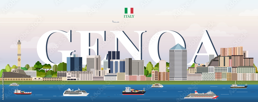 Genoa cityscape colorful vector illustration with big city name on the background. Travel trendy poster