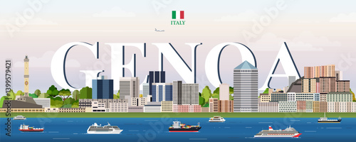 Obraz na płótnie Genoa cityscape colorful vector illustration with big city name on the background. Travel trendy poster w salonie