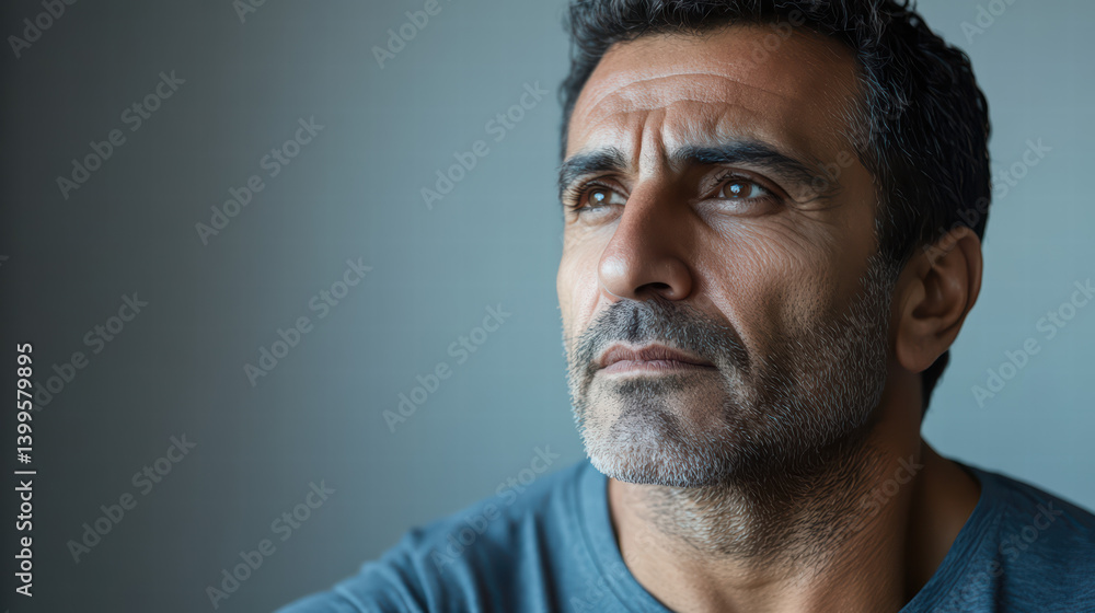 Obraz premium Thoughtful Reflection: A close-up portrait captures the introspective gaze of a man in deep contemplation, his features etched with a mix of concern and curiosity, set against a serene background.