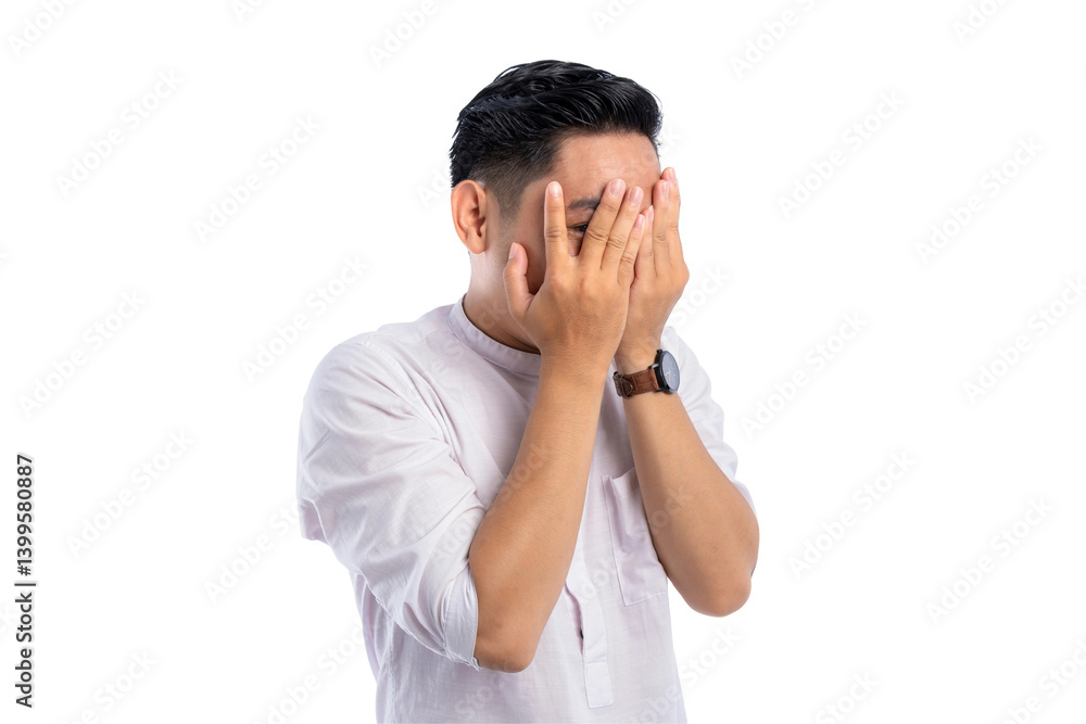 Handsome Asian Muslim man peeking at the camera through his fingers, embarrassment covering his face isolated on transparent background Handsome Asian Muslim man peeking at the camera through his fingers, embarrassment covering his face isolated on transparent background