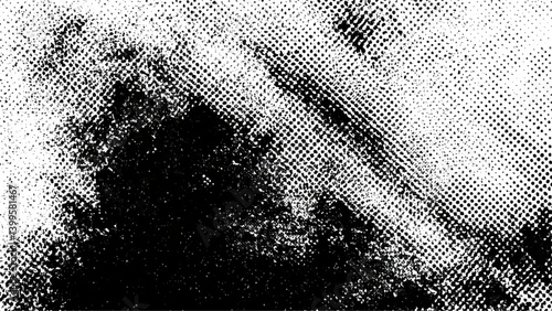 Monochrome texture composed of irregular graphic elements. Distressed uneven grunge background. Vector grunge line hatch halftone abstract pattern. Isolated retro frame with grainy halftone, noise.
