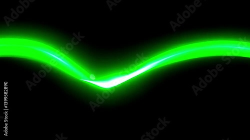 A wavy green light streak across a black background with a bright center point
