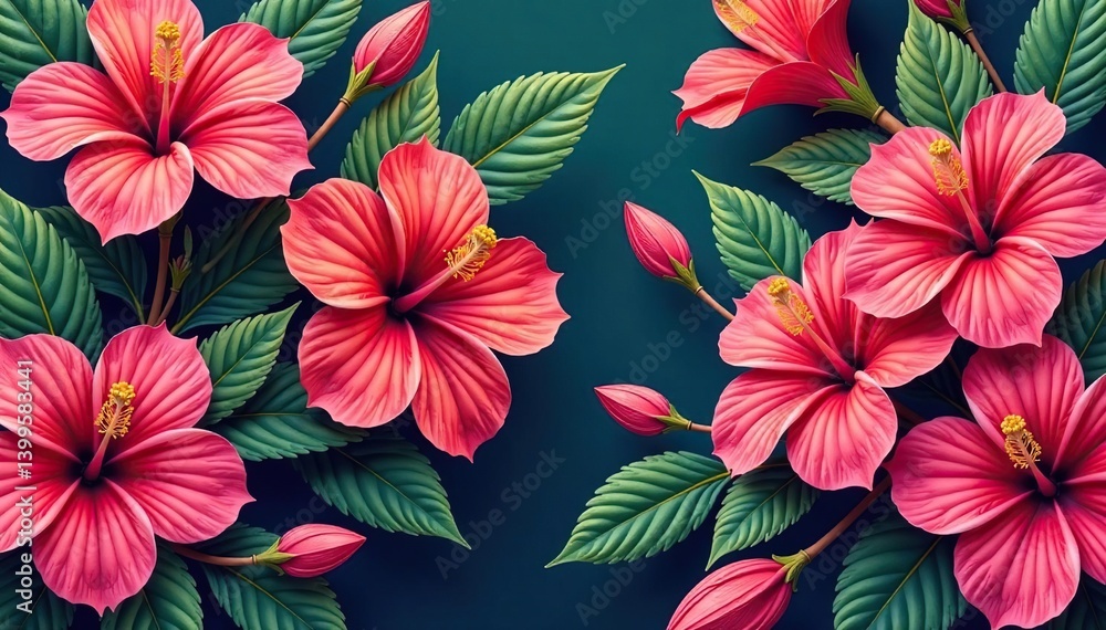 Bold, tropical hibiscus blooms in vibrant repeating design , background, red, floral pattern Bold, tropical hibiscus blooms in vibrant repeating design , background, red, floral pattern