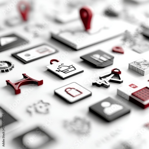Monochrome Iconography: A Minimalist Arrangement of UI Elements in Red and Black on a White Backdrop, Featuring Maps and User Interface Icons