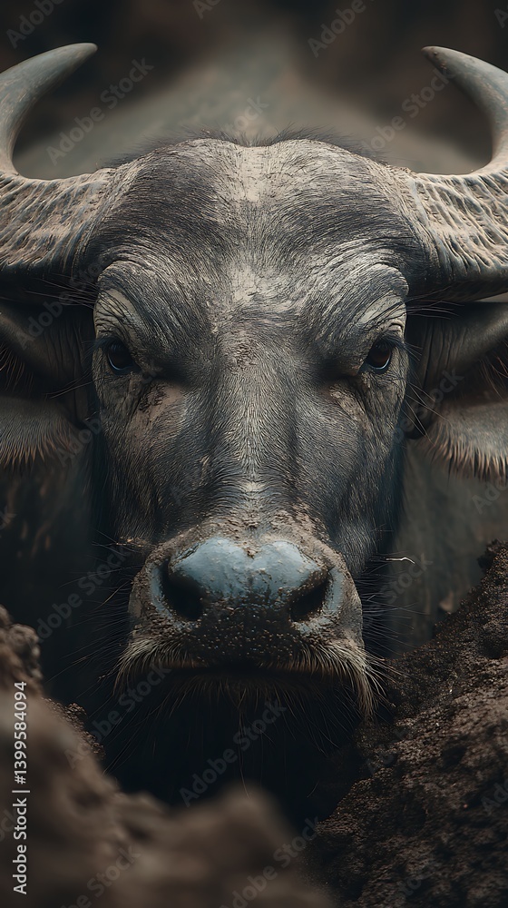 Close-up Portrait of Buffalo Showing Face with Horns and Mud Close-up Portrait of Buffalo Showing Face with Horns and Mud