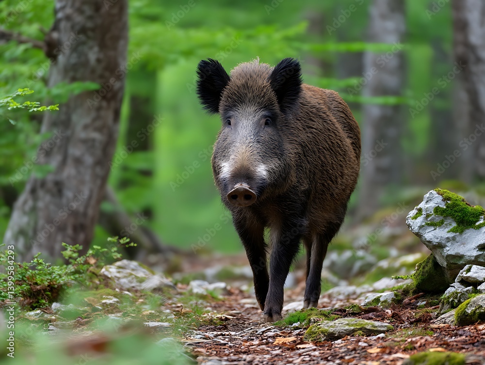 Wild Boar Walking in Forest with Green Foliage Wild Boar Walking in Forest with Green Foliage