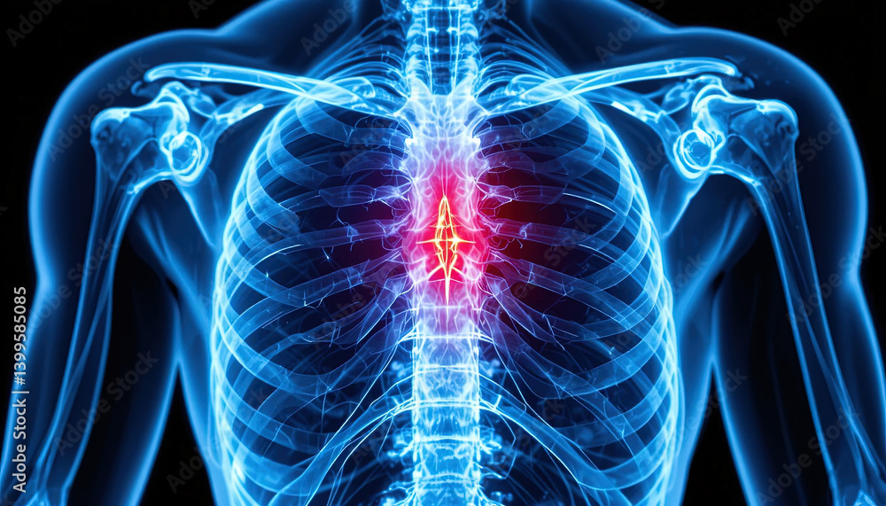 Painful area highlighted on a 3D anatomical model of a rib cage. Painful area highlighted on a 3D anatomical model of a rib cage.