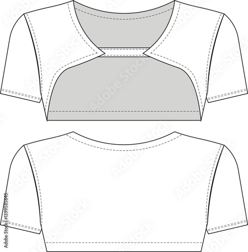 short sleeves scoop neck cutout low cut cropped crop bolero blouse top tshirt tee template technical drawing flat sketch cad mockup fashion woman design style model 
