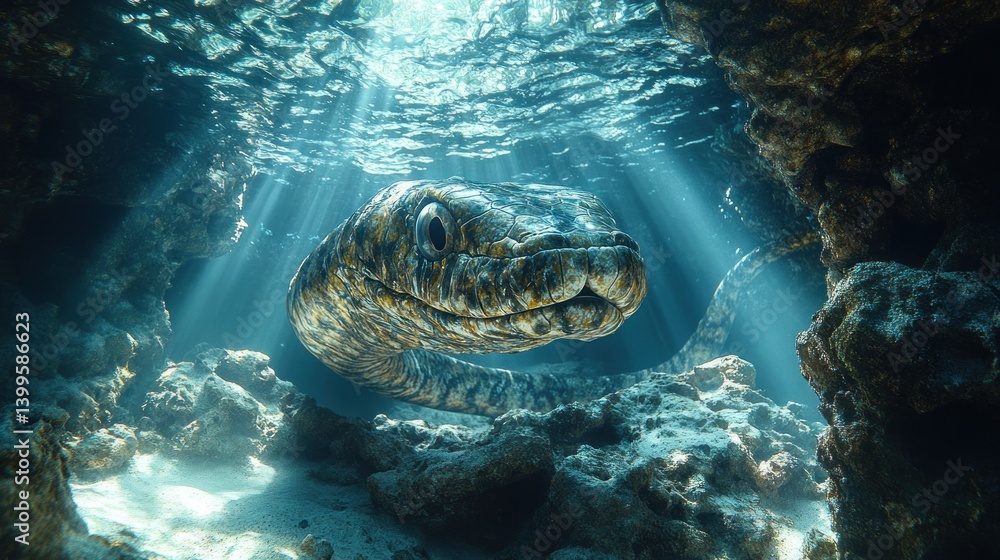 Obraz premium Enigmatic Underwater Serpent: A Mystical Encounter in a Sunlit Cave