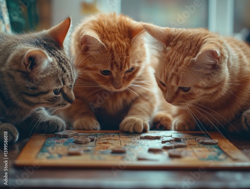 Three cute kittens focused on solving a puzzle on the wooden floor, creating a heartwarming and playful scene of animal intelligence.