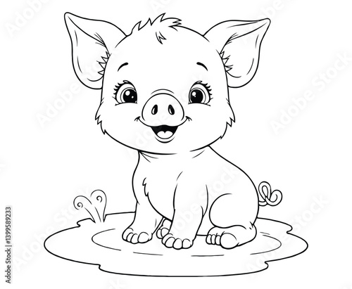 Cute Piglet Playing in a Mud Puddle coloring page