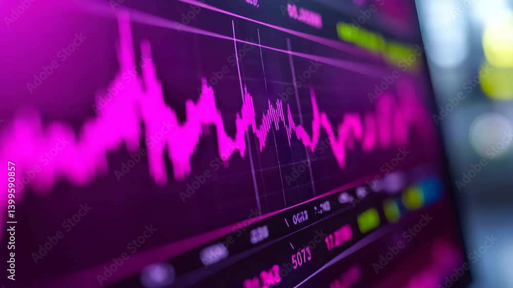 Analyzing Stock Market Data on Screen with Fluctuating Pink Graph Analyzing Stock Market Data on Screen with Fluctuating Pink Graph