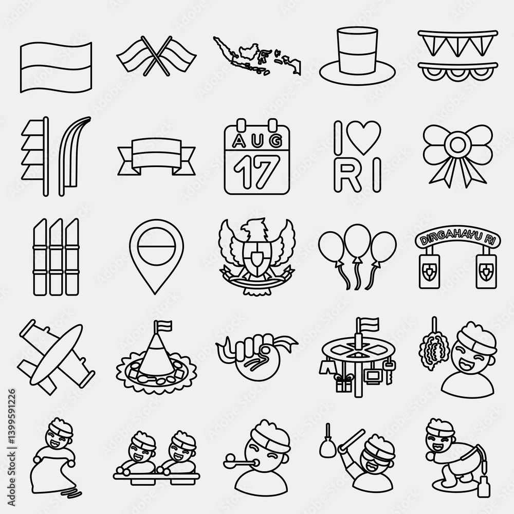 Fototapeta premium Icon set Indonesian independence day celebration elements. Icons in line style. Good for prints, posters, etc.