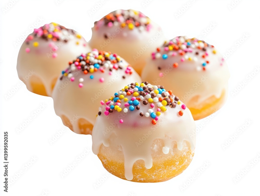 Mini donut set: glazed, decorated with sprinkles, isolated white. Mini donut set: glazed, decorated with sprinkles, isolated white.