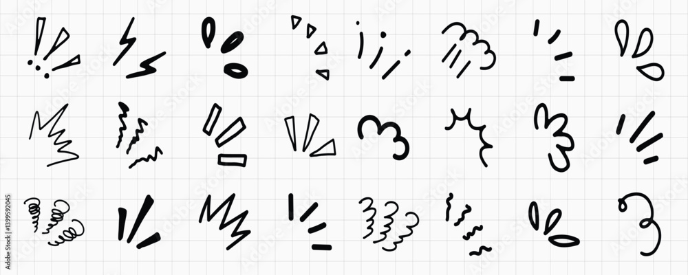 A collection of black hand-drawn doodles on graph paper. Includes exclamation marks, arrows, and squiggles vector set A collection of black hand-drawn doodles on graph paper. Includes exclamation marks, arrows, and squiggles vector set