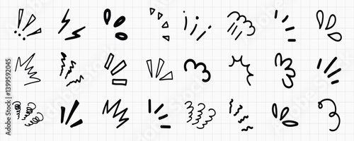 A collection of black hand-drawn doodles on graph paper. Includes exclamation marks, arrows, and squiggles vector set