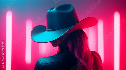 Woman in Cowboy Hat Backlit by Neon Pink and Blue Lights