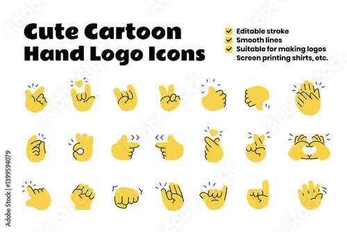Cute Cartoon Hand Logo Icons Thin Line Yellow color, flat design comic character sticker clipart